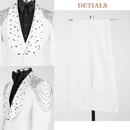 3 Piece Men's Tuxedo Suits Luxury Rhinestone Shawl Lapel Blazers Slim Jacket Vest Pants Sets for Wedding,Prom,Party