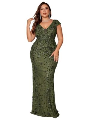 Plus Size Womens Sequined Long Evening Gown Glamous Sleeveless V-Neck Mermaid Prom Dress for Wedding Party