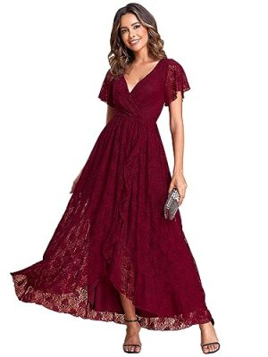 Women's Lace V Neck Ruffles Sleeves Pleated Empire Waist A-Line Maxi Formal Dresses 01489