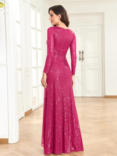 Glitter Sequin Formal Evening Gown Long Sleeve V Neck Wedding Guest Dress for Women