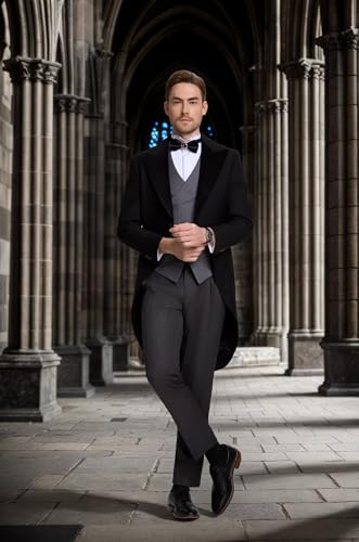 Men's 3 Piece Tuxedo Suit Slim Fit Swallow Long Tailcoat Performances Dinner Party Wedding Double Breasted Vest Pants