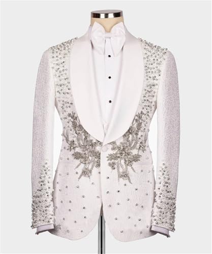 Men's Luxury Handmade Rhinestone Paisley Blazer Slim Fit Single Breasted White Dinner Prom Wedding Stylish Tuxedo