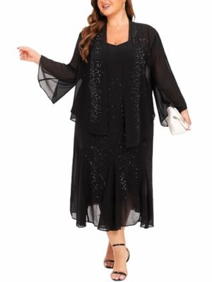 Plus Size Jacket Dress Suits 2 Piece Chiffon Sets Delicate Rhinestone Pattern Mother of Bride Dresses for Wedding