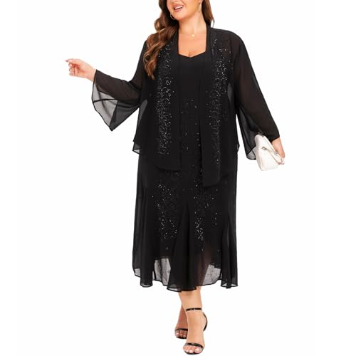 Plus Size Jacket Dress Suits 2 Piece Chiffon Sets Delicate Rhinestone Pattern Mother of Bride Dresses for Wedding