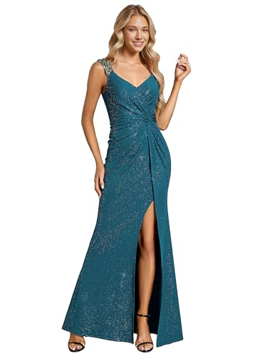 Glitter Evening Dresses Women's V Neck High Slit Sequin Shoulder Strap Maxi Formal Dress 01888
