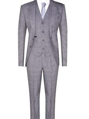 Mens Grey 3 Piece Suit Prince of Wales Check Classic Tailored Fit Wedding Suit