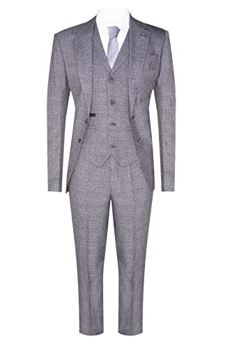 Mens Grey 3 Piece Suit Prince of Wales Check Classic Tailored Fit Wedding Suit