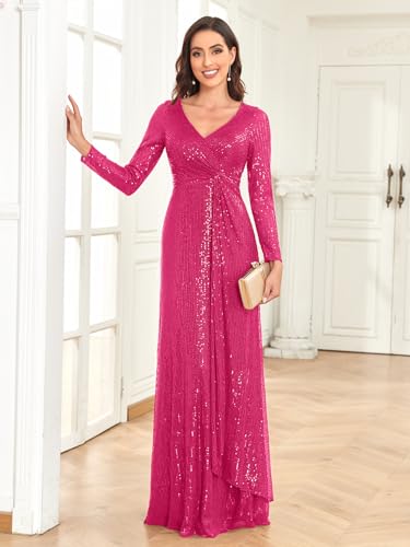 Glitter Sequin Formal Evening Gown Long Sleeve V Neck Wedding Guest Dress for Women