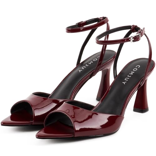 Womens High Heels Sandals Peep Toe, Flared Heels with Ankle Strap, Elegant Leather Sandals Comfortable Chic Summer Sandals Prom