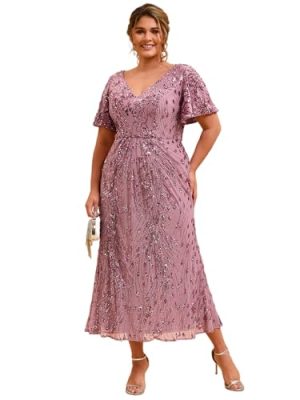 Women's V Neck Short Sleeves Bodycon Sequin Maxi Plus Size Formal Dresses