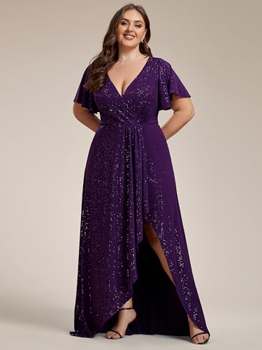 Women's Glitter Stretchy V Neck A-line High Low Plus Size Formal Dresses with Ruffles Sleeves 01738-PH