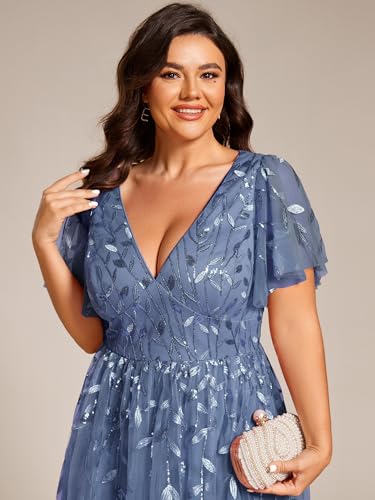 Women's V Neck Short Sleeves Embroidery Empire Waist Sequin Plus Size Midi Cocktail Wedding Guest Dresses 2230-DA