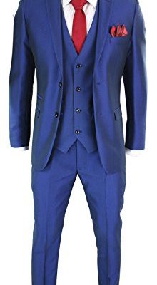 Mens 3 Piece Shiny Blue Wedding Prom Party Suit Tailored Fit Smart Formal