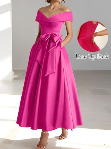 Womens Off The Shoulder Satin Mother of The Bride Dresses with Bow Tea Length Formal Gowns Evening Dress