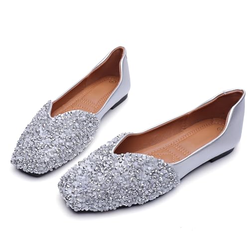 Flats Shoes Women Rhinestone Square Fashion Ballet Flats Wedding Flats for Women Comfortable Slip on Low Heel Dress Shoes