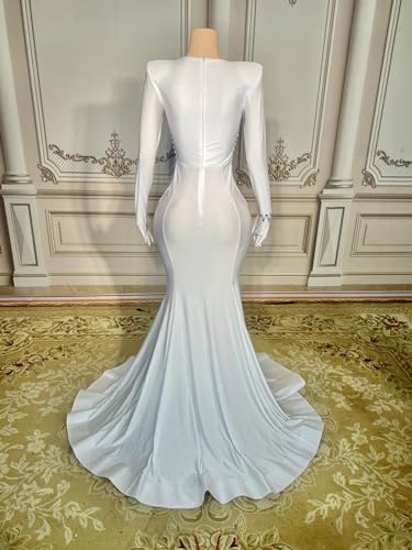 White Satin Crystals Mermaid Prom Evening Wedding Party Dress Celebrity Pageant Wedding Guest Gown Bridal Gown