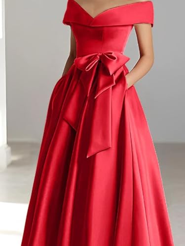 Womens Off The Shoulder Satin Mother of The Bride Dresses with Bow Tea Length Formal Gowns Evening Dress