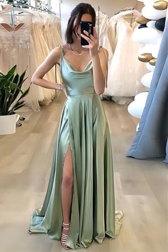Cowl Neck Satin Bridesmaid Dresses Long with Slit Spaghetti Straps Formal Prom Evening Gowns with Pockets 2025