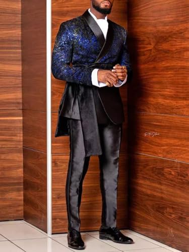 Mens 3 Pieces Royal Blue Tuxedo Set Slim Fit Prom Graduation Party Jacquard Jacket Pants with Removable Satin Cape