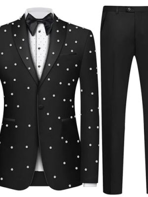 Mens Pearls 2 Pieces Suits Slim Fit Double Breasted Tuxedo Jacket Blazer Pants for Prom,Party,Wedding