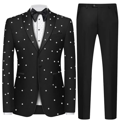 Mens Pearls 2 Pieces Suits Slim Fit Double Breasted Tuxedo Jacket Blazer Pants for Prom,Party,Wedding