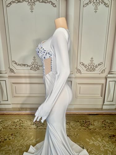 White Satin Crystals Mermaid Prom Evening Wedding Party Dress Celebrity Pageant Wedding Guest Gown Bridal Gown