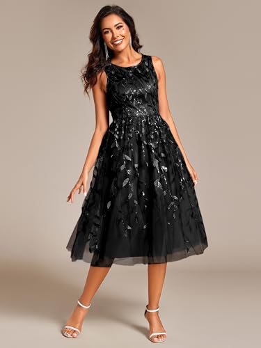 Women's Sequin Sparkly Crew Neck Short Sleeve Tea Length Evening Dress 20736