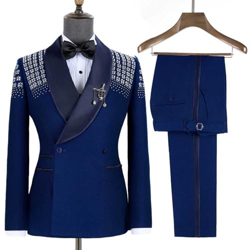 2 Pieces Men Tuxedo Suit with Rhinestones Shawl Lapel Blazer Slim Jacket Pants Set for Wedding，Prom,Party,Dinner