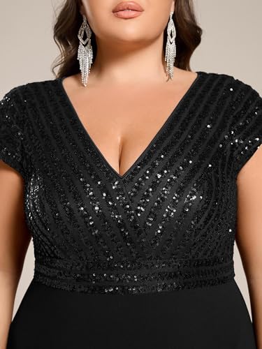 Women's Summer V Neck A Line Sequin Cap Sleeves Tea Length Plus Size Formal Wedding Guest Dresses