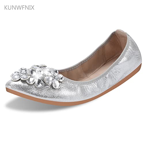 Women Ballet Flats Rhinestone Wedding Ballerina Shoes Foldable Sparkly Comfort Slip on Flat Shoes