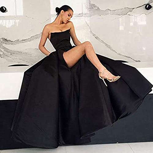 41SUpn30GL.jpg Womens Long Strapless Satin Prom Dress Sleeveless Slit Evening Ball Gown with Pockets