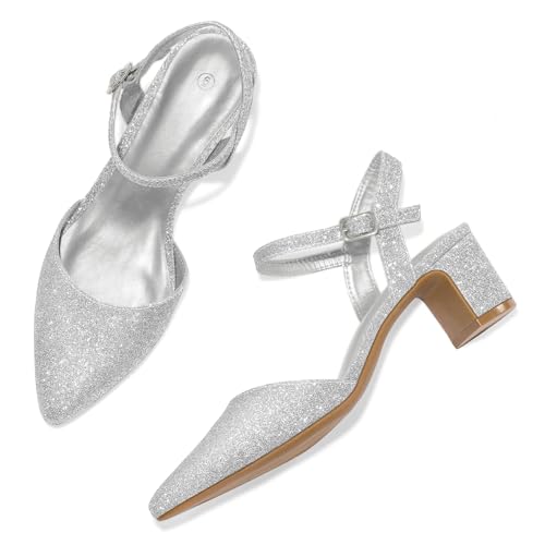 41SaaSqs5nL.jpg Women's Pumps 2 Inch Chunky Block Heel Pointed Toe Ankle Strap Slingback Wedding Party Dress Shoes