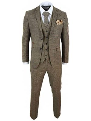 Mens 3 Piece Suit Tweed Check Vintage Retro Tailored Fit 1920s