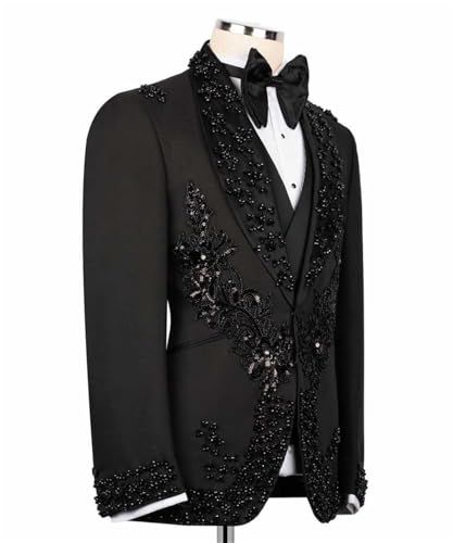 Men's Black Tuxedo with Flower Applique Beaded Tuxedo Slim Fit Shawl Lapel Blazer for Dinner Prom Wedding