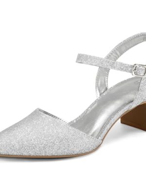 Women's Pumps 2 Inch Chunky Block Heel Pointed Toe Ankle Strap Slingback Wedding Party Dress Shoes