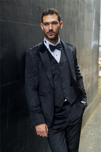 Men's Suit 3 Piece Black Velvet Paisley Shawl Collar Tailored Fit Wedding Tuxedo