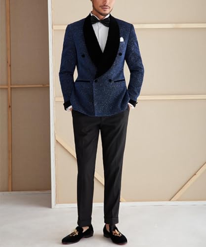 Men's Prom Suit 2 Pieces Tuxedo Shiny Blazer Velvet Shawl Lapel Jacket Pants Set for Homecoming,Wedding Party,Dinner
