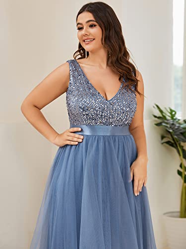 41UOYrMx50L.jpg Womens Double V Neck A Line High Low Sequin Tulle Plus Size Formal Dresses for Curvy Women 0147A-DA