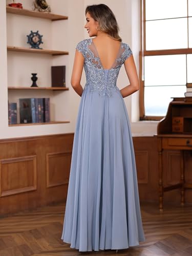 41UbCVnCRBL.jpg Women's Lace Applique Mother of The Bride Dress Cap Sleeves Round Neck Evening Gown NO195