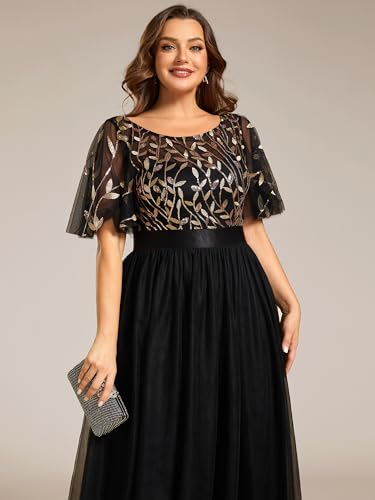 Women's Round Neck Short Sleeves Plus Size A-Line Tulle Sequin Formal Evening Dresses 0904-DA2