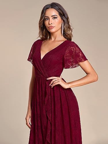 Women's Lace V Neck Ruffles Sleeves Pleated Empire Waist A-Line Maxi Formal Dresses 01489
