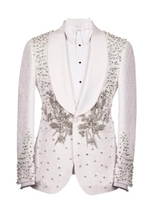 Men's Luxury Handmade Rhinestone Paisley Blazer Slim Fit Single Breasted White Dinner Prom Wedding Stylish Tuxedo