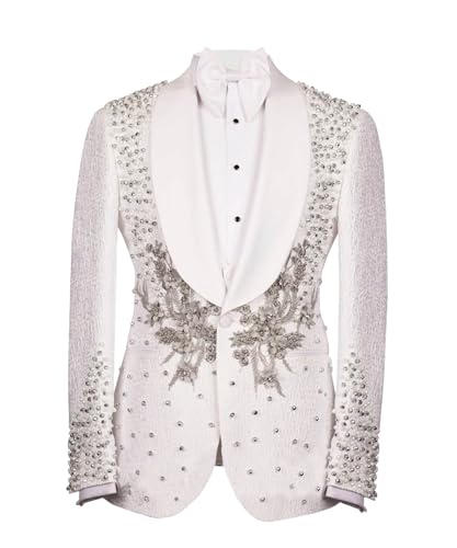 Men's Luxury Handmade Rhinestone Paisley Blazer Slim Fit Single Breasted White Dinner Prom Wedding Stylish Tuxedo