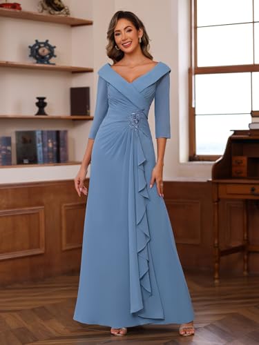Chiffon Mother of The Bride Dresses for Wedding with 3/4 Sleeves Long Ruched Applique Formal Dress RS111