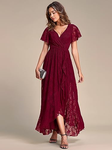 Women's Lace V Neck Ruffles Sleeves Pleated Empire Waist A-Line Maxi Formal Dresses 01489