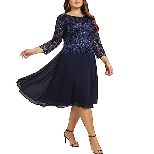 Women's Plus Size Tea Length Sequin Lace Dress Mother Gifts Special Occasion Wedding Party Dresses