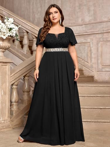 Women's Plus Size Floral Lace Ruffle Sleeves Beads Waist Chiffon Formal Party Maxi Dress
