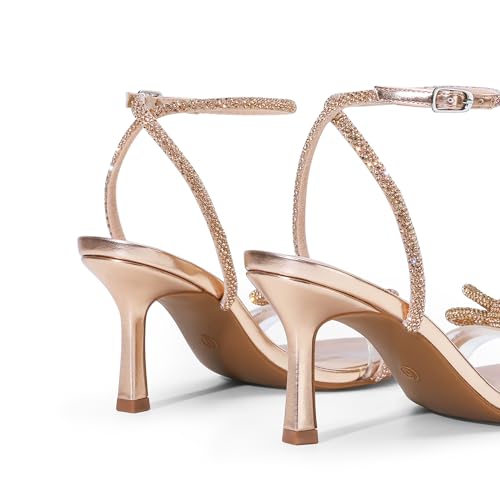 Women's Double Bowknots Heels Open Square Toe Ankle Strap Crystal Rhinestone Dress Sandals for Party Wedding