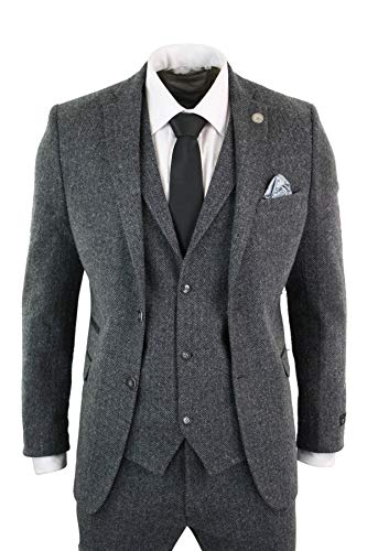 Mens Grey Black 3 Piece Tweed Suit Herringbone Wool Vintage Retro