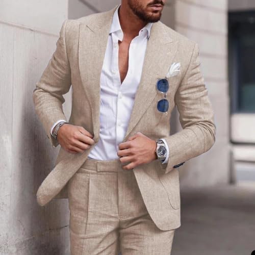 Linen Suit Wedding Suits for Men Luxury Lapel Collar Top+Pants Set